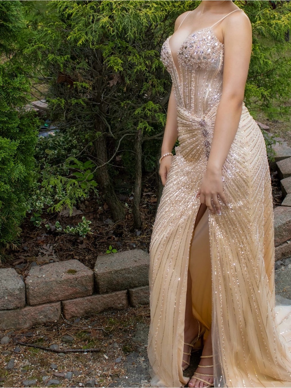 Elegant Sequined Nude Evening Gown - Slit Dress
